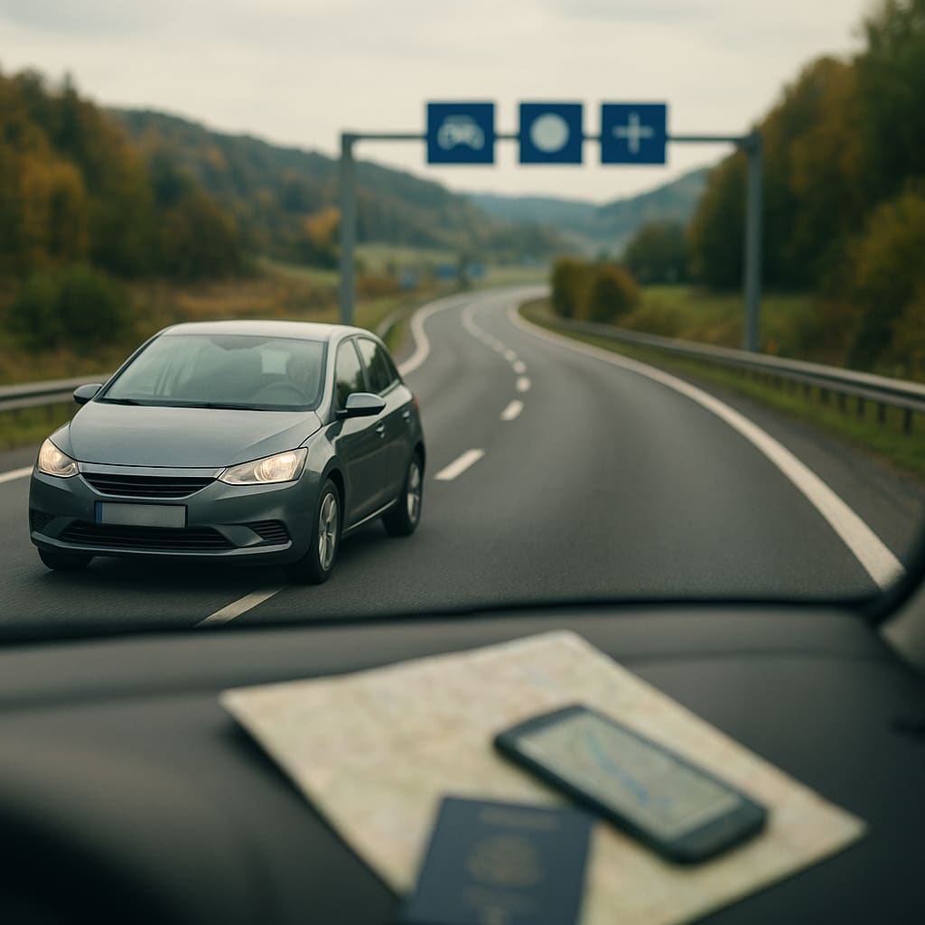 Fahrzeug nähert sich einer grenznahen Autobahnroute mit Reisedokumenten und Navigationsbezug