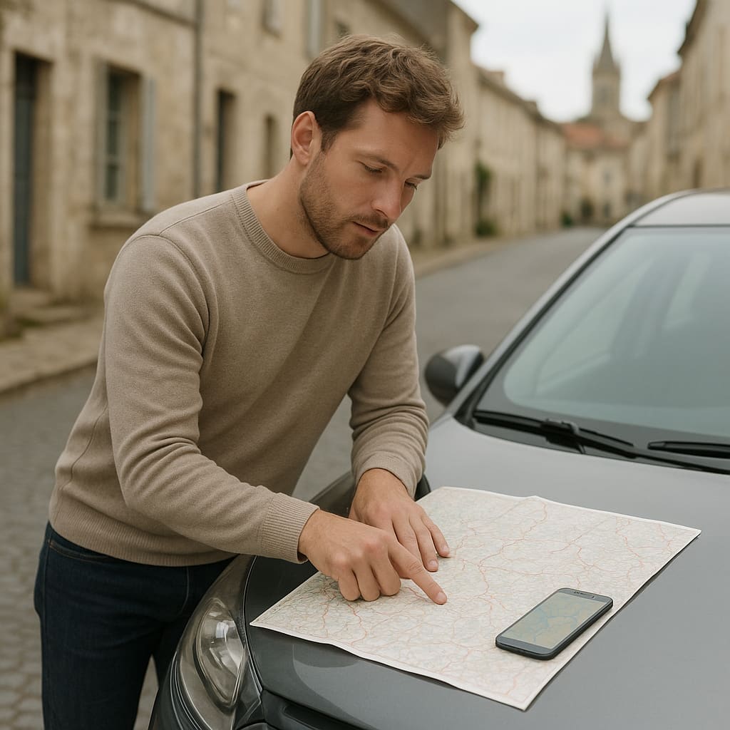 Fahrerin plant eine Autofahrt mit Papierkarte und Smartphone neben einem geparkten Fahrzeug