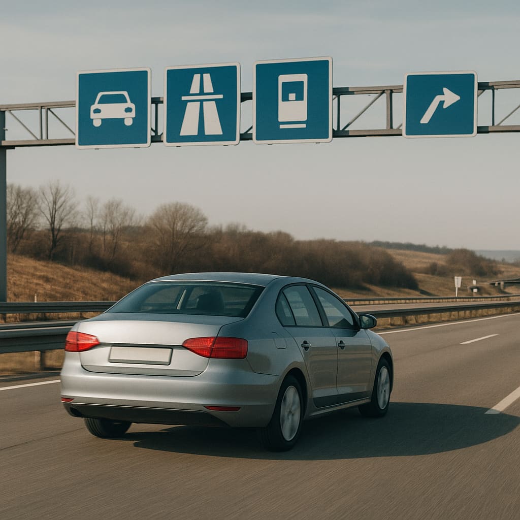 Autobahnumfeld in Österreich mit Hinweis auf Mautstrecke und vorbeifahrendem Pkw