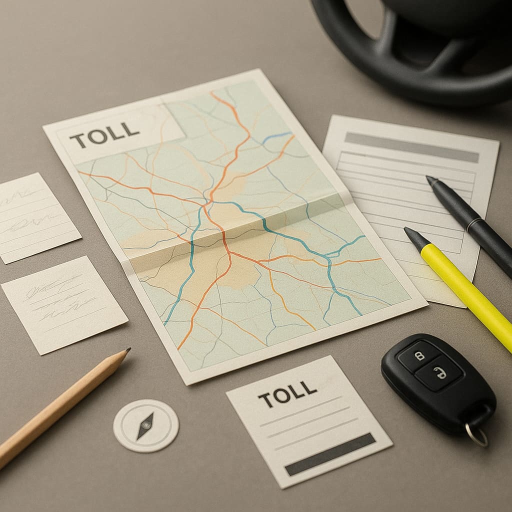 Planungsunterlagen für Autobahnfahrt mit Routennotizen, Mautkarte und Fahrzeugcockpit